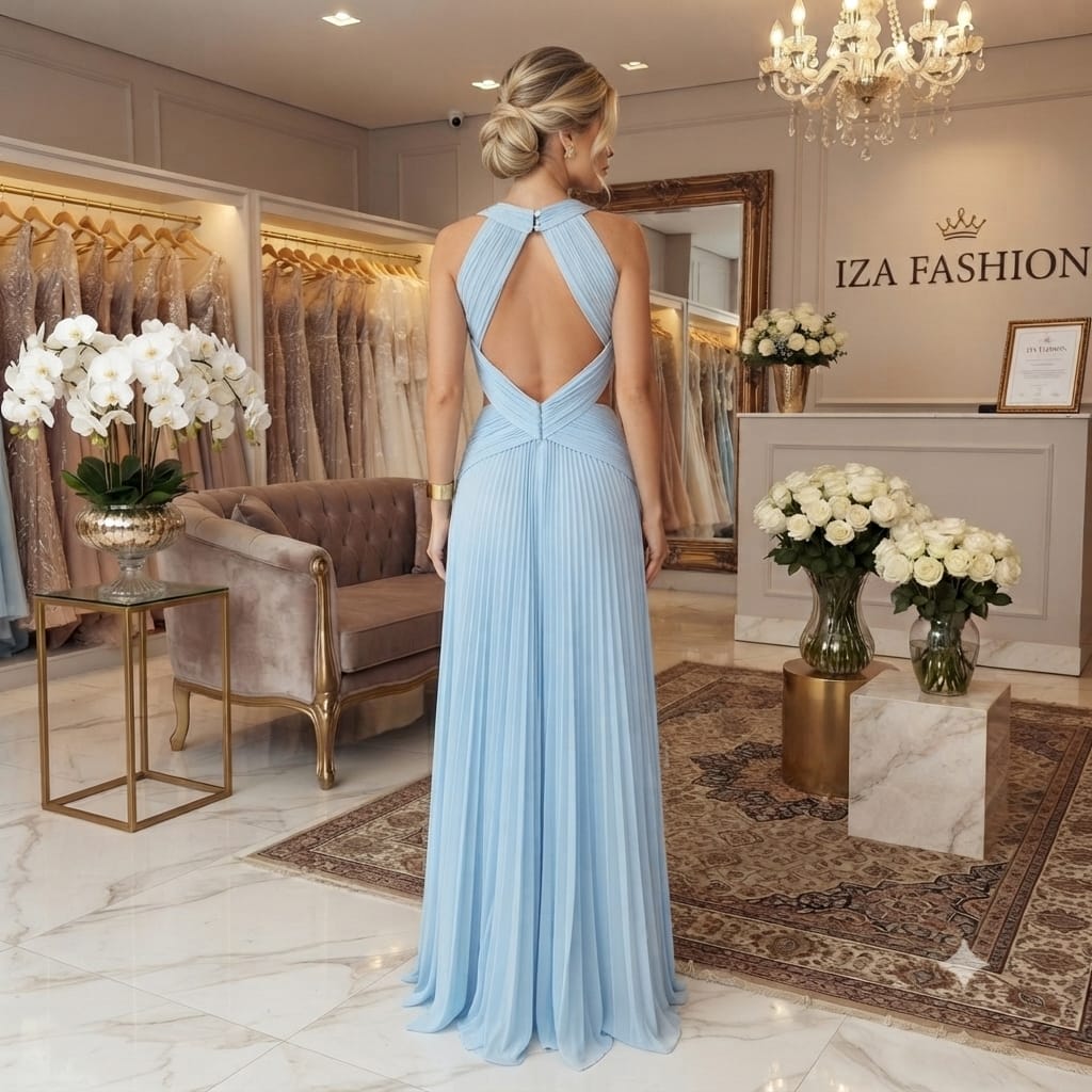 Vestido Longo Azul Serenity Plissado