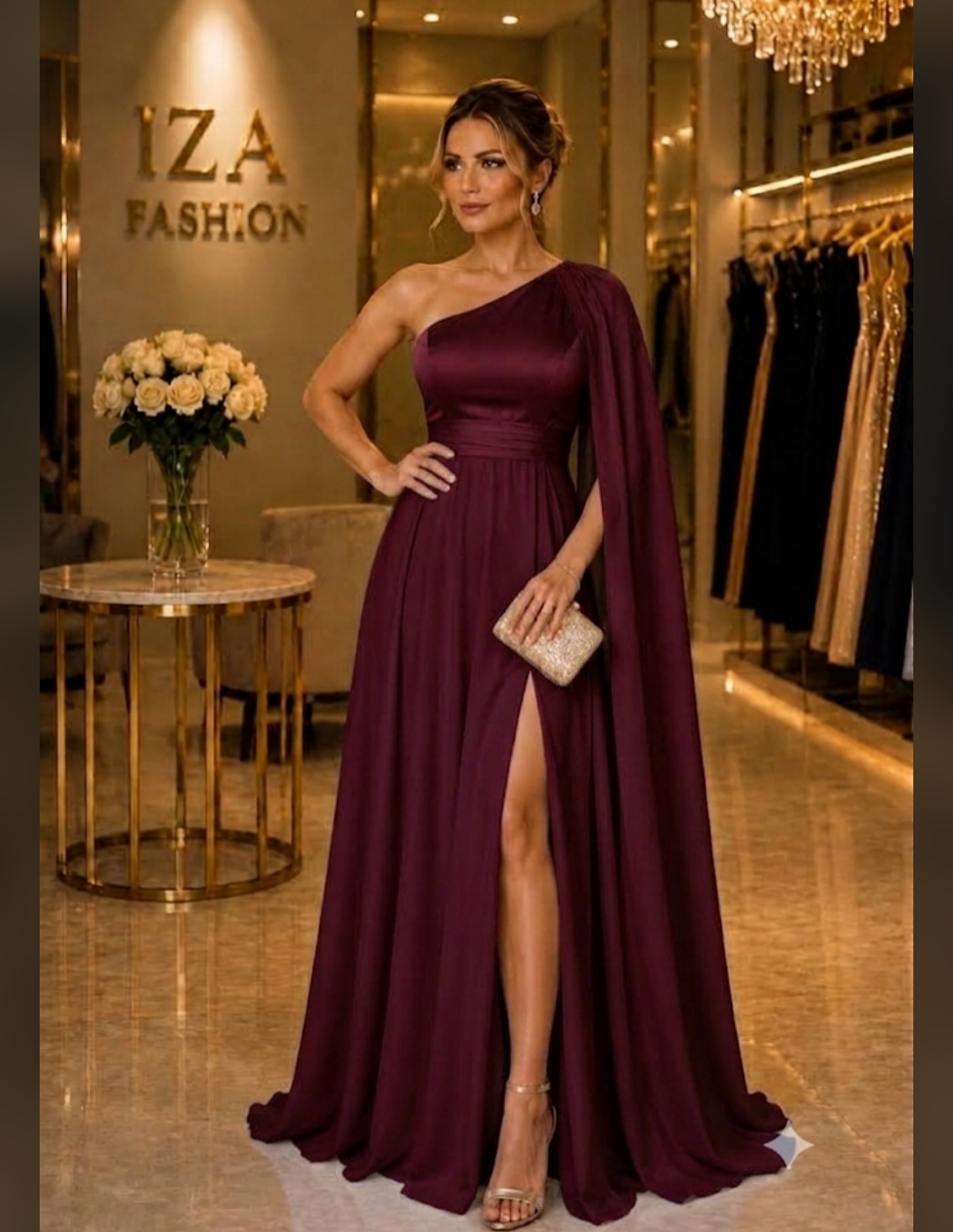 Vestido Fluity com Capa em Um Ombro Só Marsala