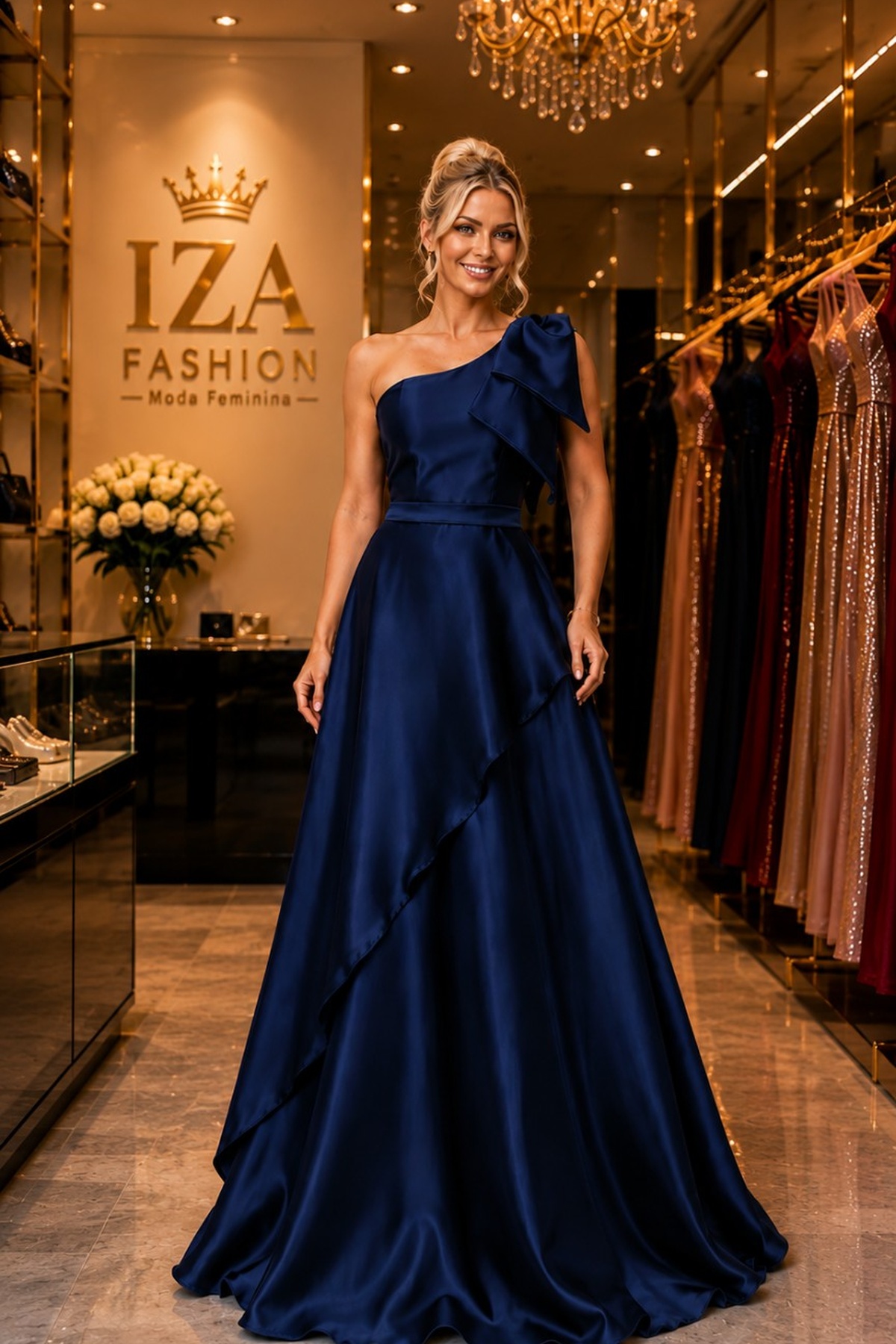 Vestido de Festa Longo Zibeline Um Ombro Só com Laço e Saia Transpassada Azul Marinho