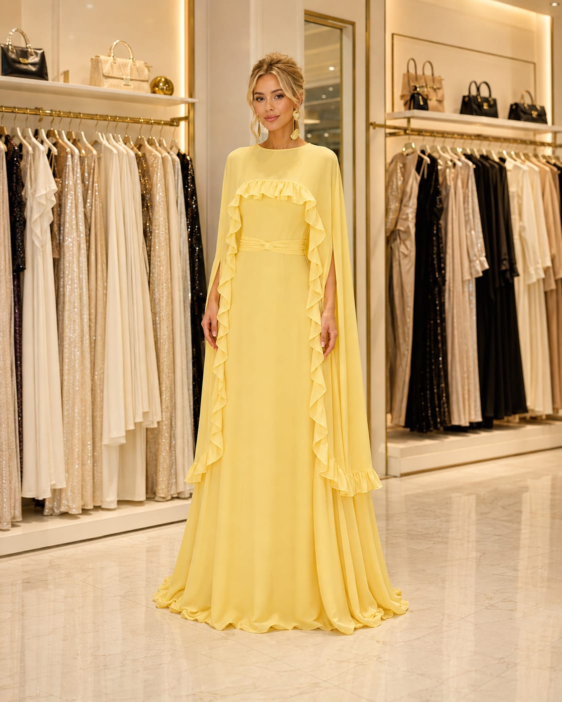 Vestido Longo em Chiffon Amarelo com Capa – Elegância Romântica