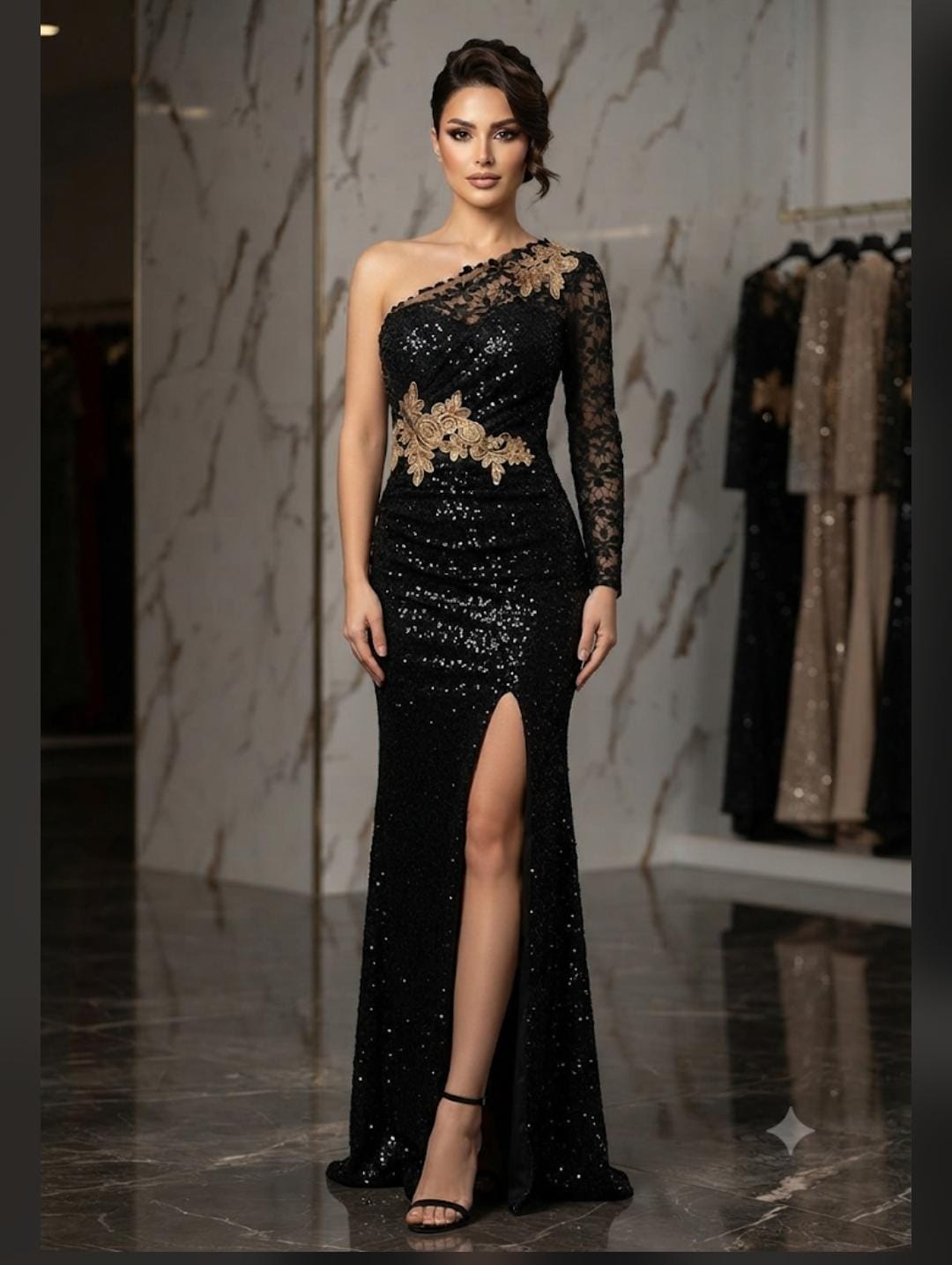 Vestido Longo Preto de Paetês com Renda