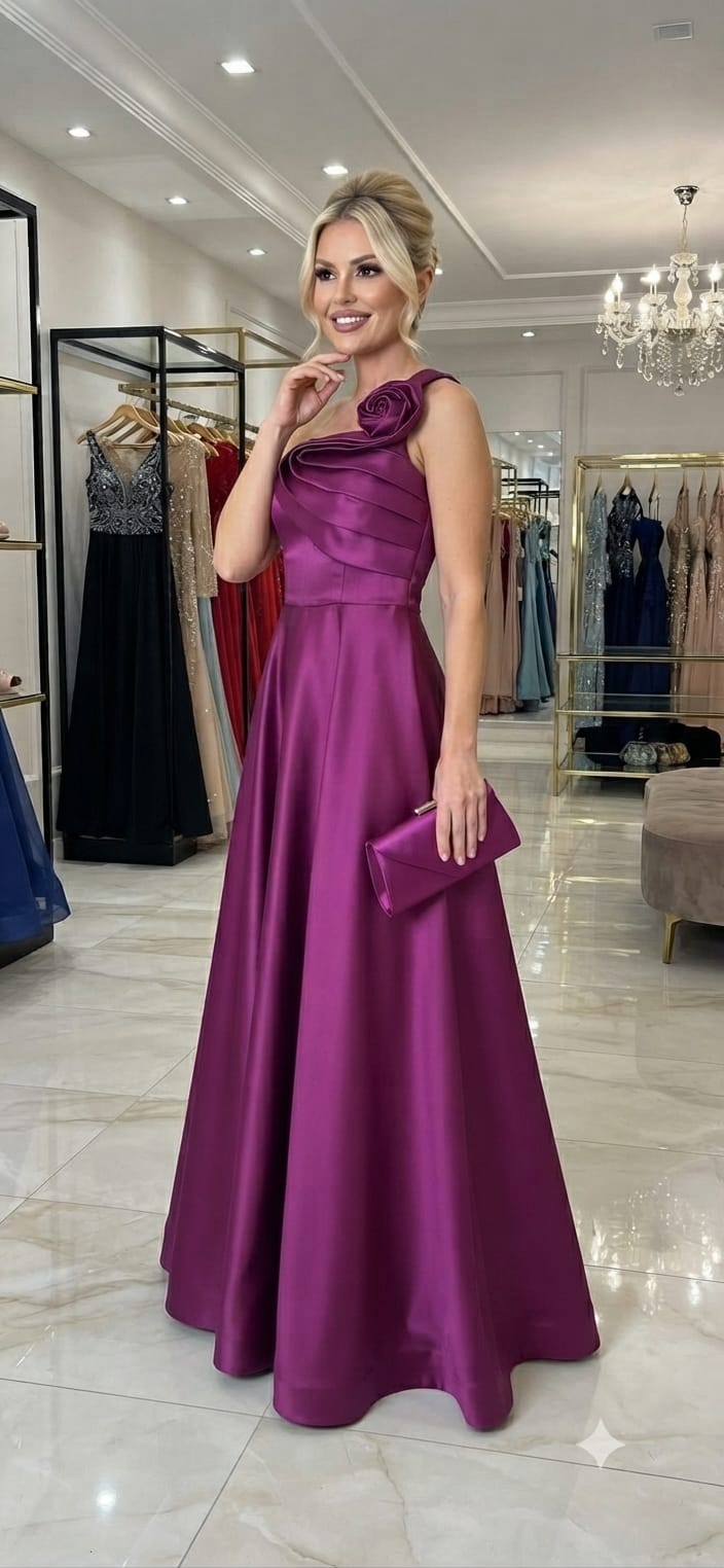 Vestido Longo Zibeline Fúcsia Um Ombro Só– Elegância e Delicadeza