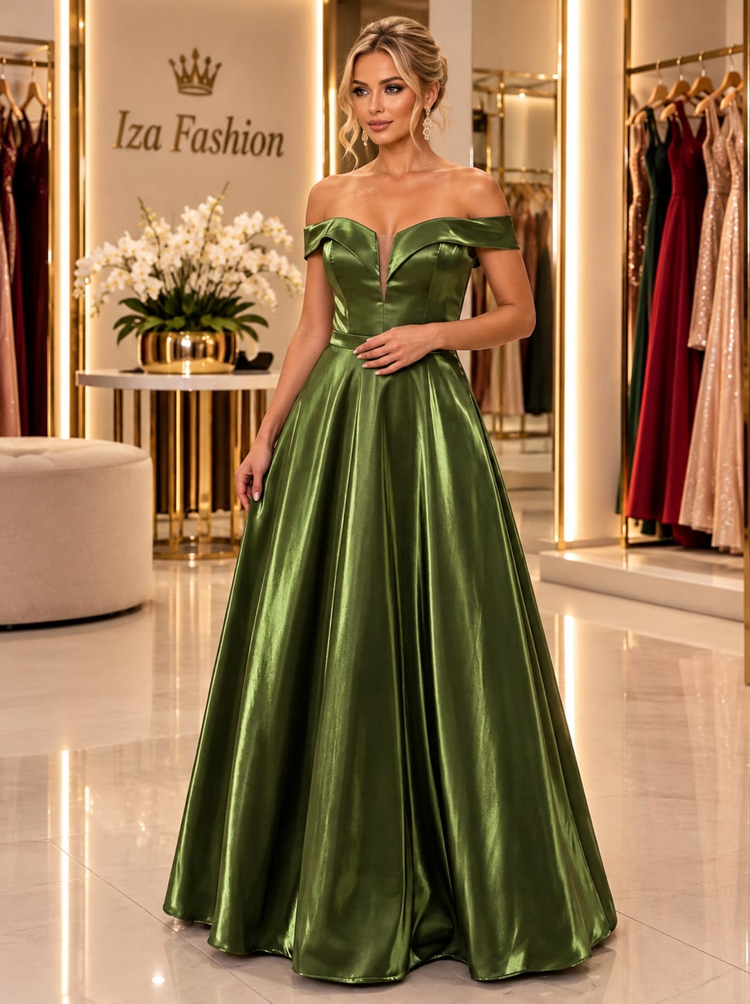 Vestido Longo em Zibeline Verde Oliva Decote V