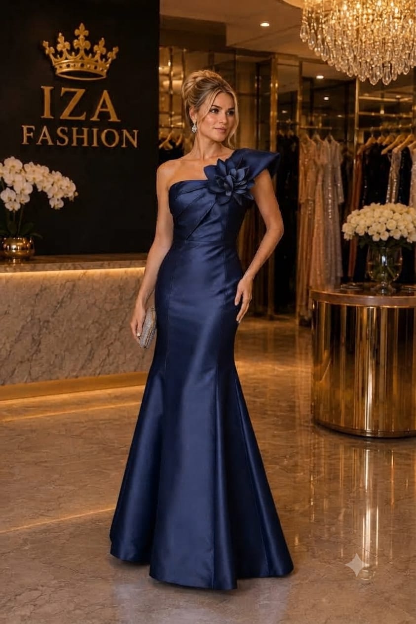 Vestido Zibeline Um Ombro Só com Flor Azul Marinho