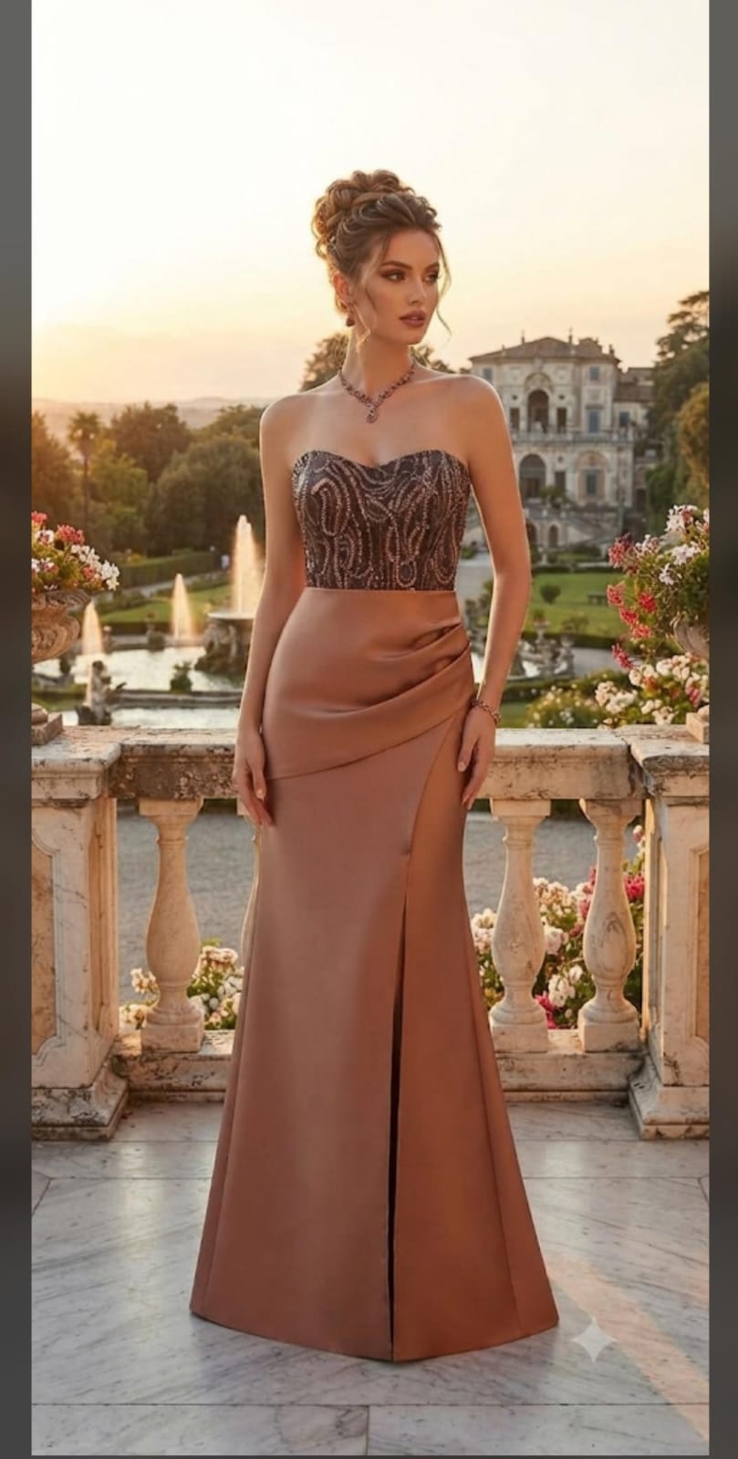 Vestido Longo com Corpo Bordado Marrom (Mocha)