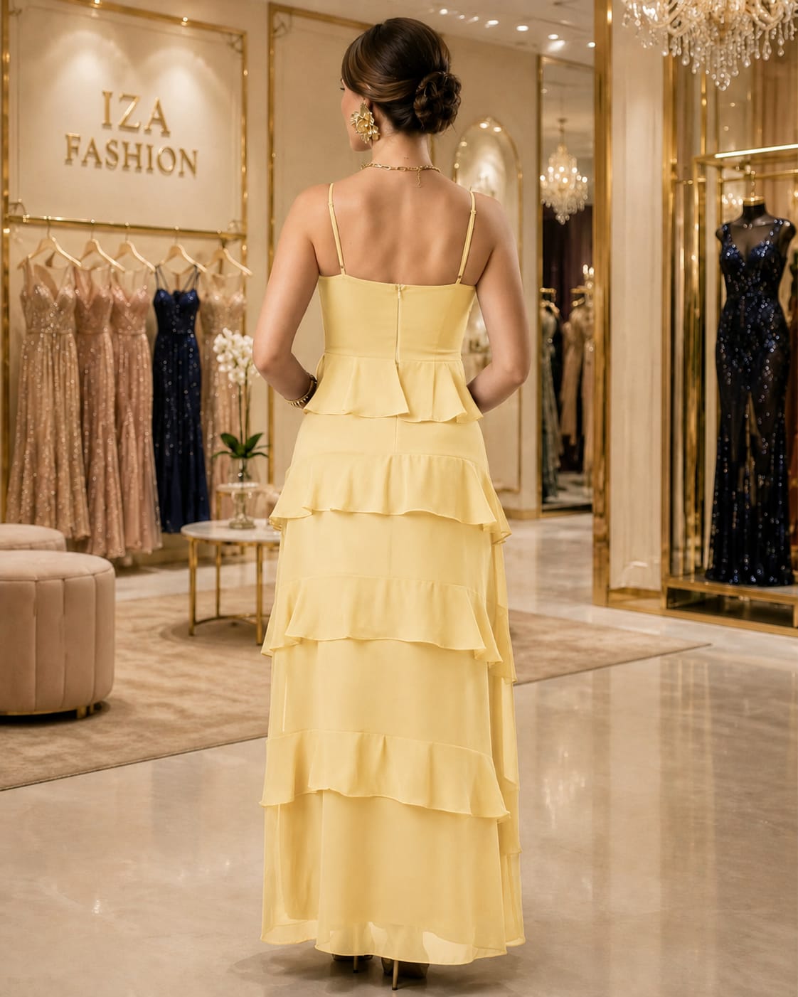 Vestido Longo Amarelo Manteiga Alça Fina e Saia com Babados– Leveza e Elegância