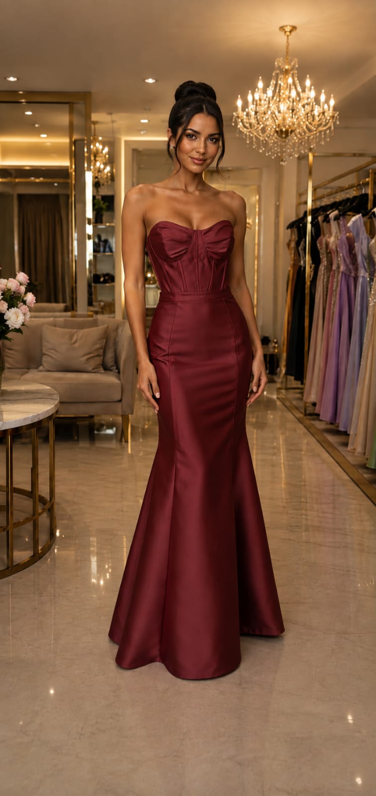 Vestido Longo Marsala Zibeline com Corpete Estruturado