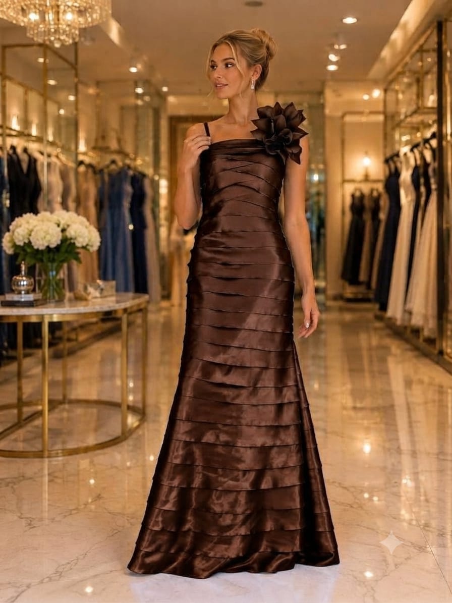 Vestido Zibeline Em Camadas Marrom
