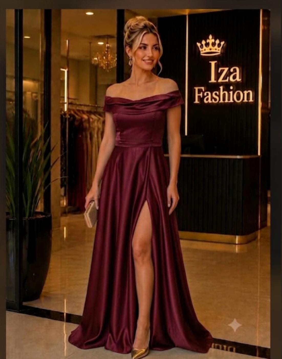 Vestido Longo Amanda CDC Ombro a Ombro com Fenda Marsala