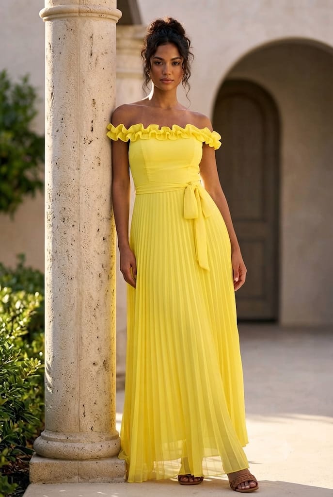 Vestido Chiffon Plissado Ombro a Ombro Amarelo