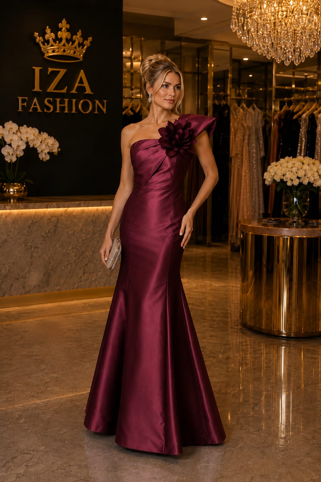 Vestido Zibeline Glow Um Ombro Só com Aplicação Flor Marsala