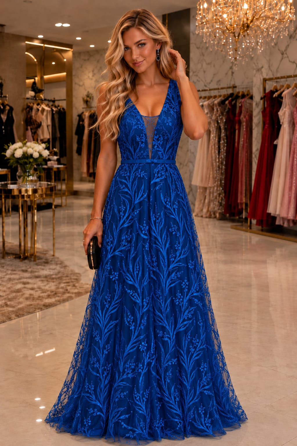 Vestido Longo Renda Bordada Azul Royal