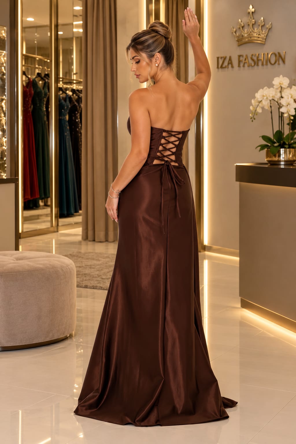 Vestido Longo com Corpete Estruturado em Prada Marrom