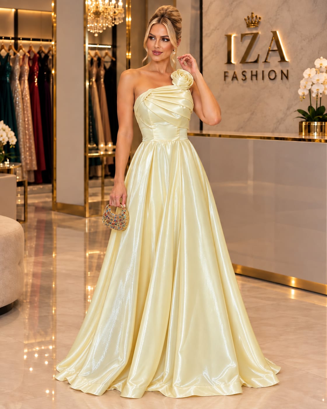 Vestido Longo Zibeline Amarelo Um Ombro Só– Elegância e Delicadeza