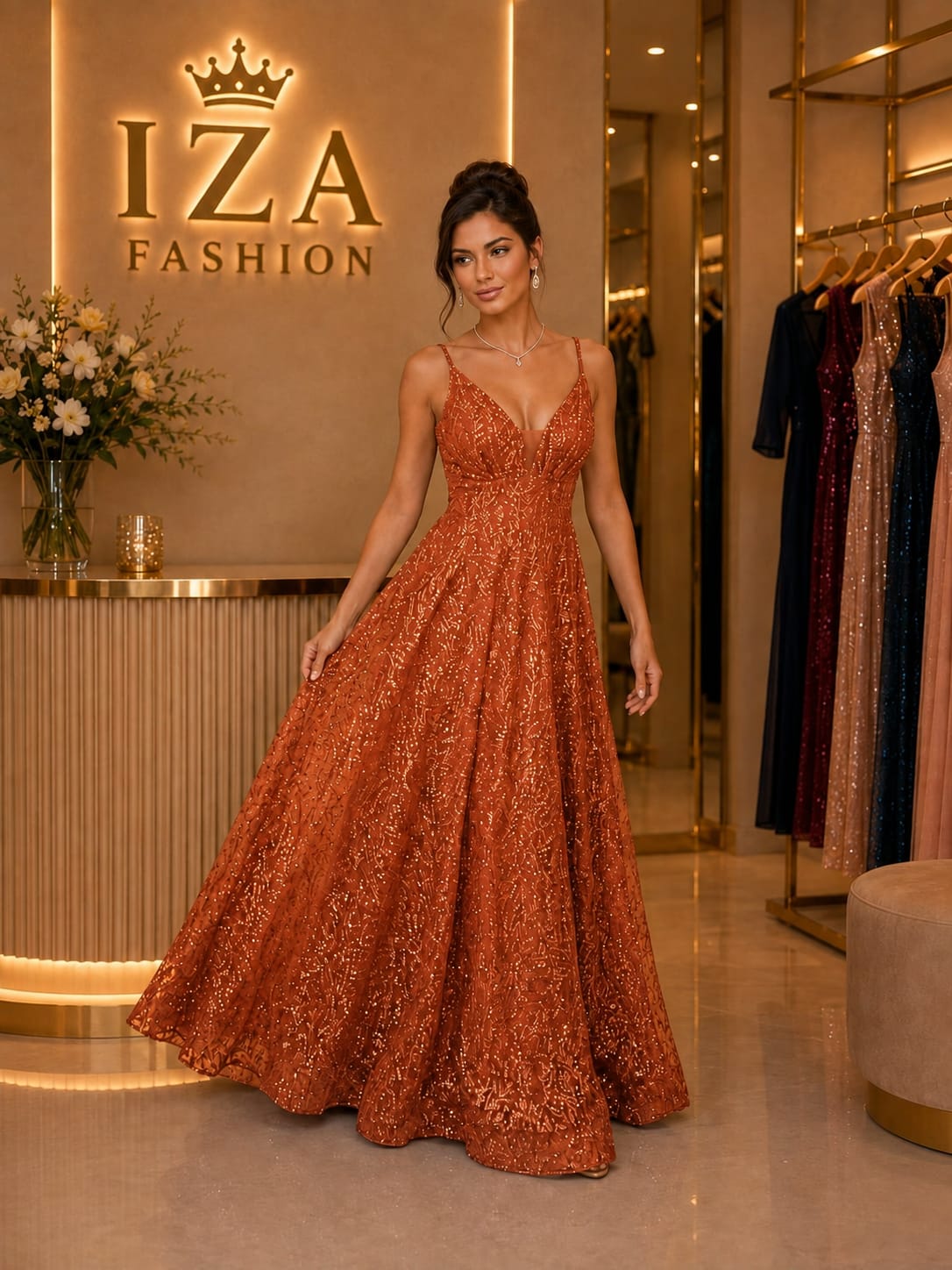 Vestido Longo com Aplicações de Diamantes Quebrados Terracota