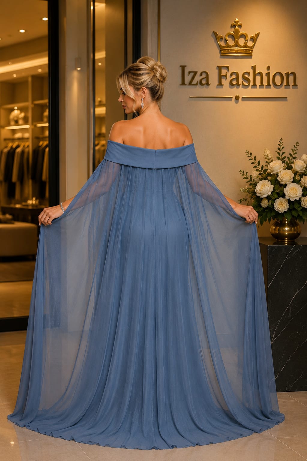 Vestido Longo Ombro a Ombro com Capa e Flor