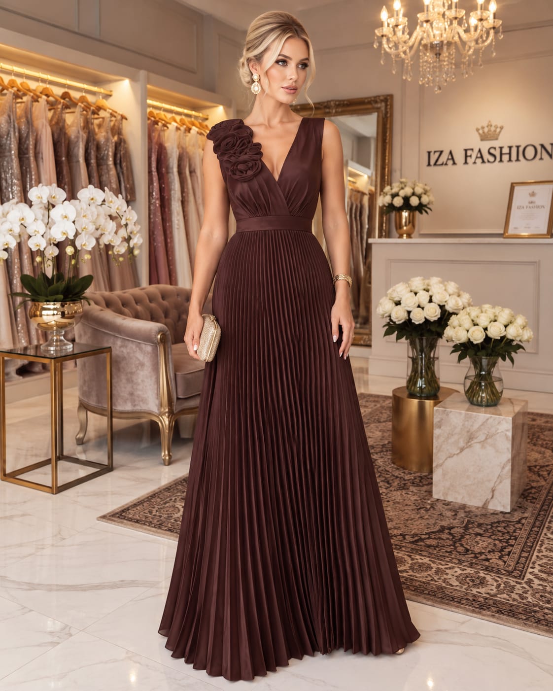 Vestido Longo Marrom Elegância Atemporal Plissado