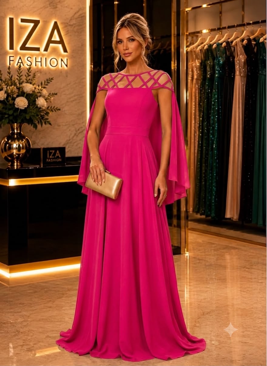 Vestido Longo com Detalhes no Colo e Capa Fúcsia
