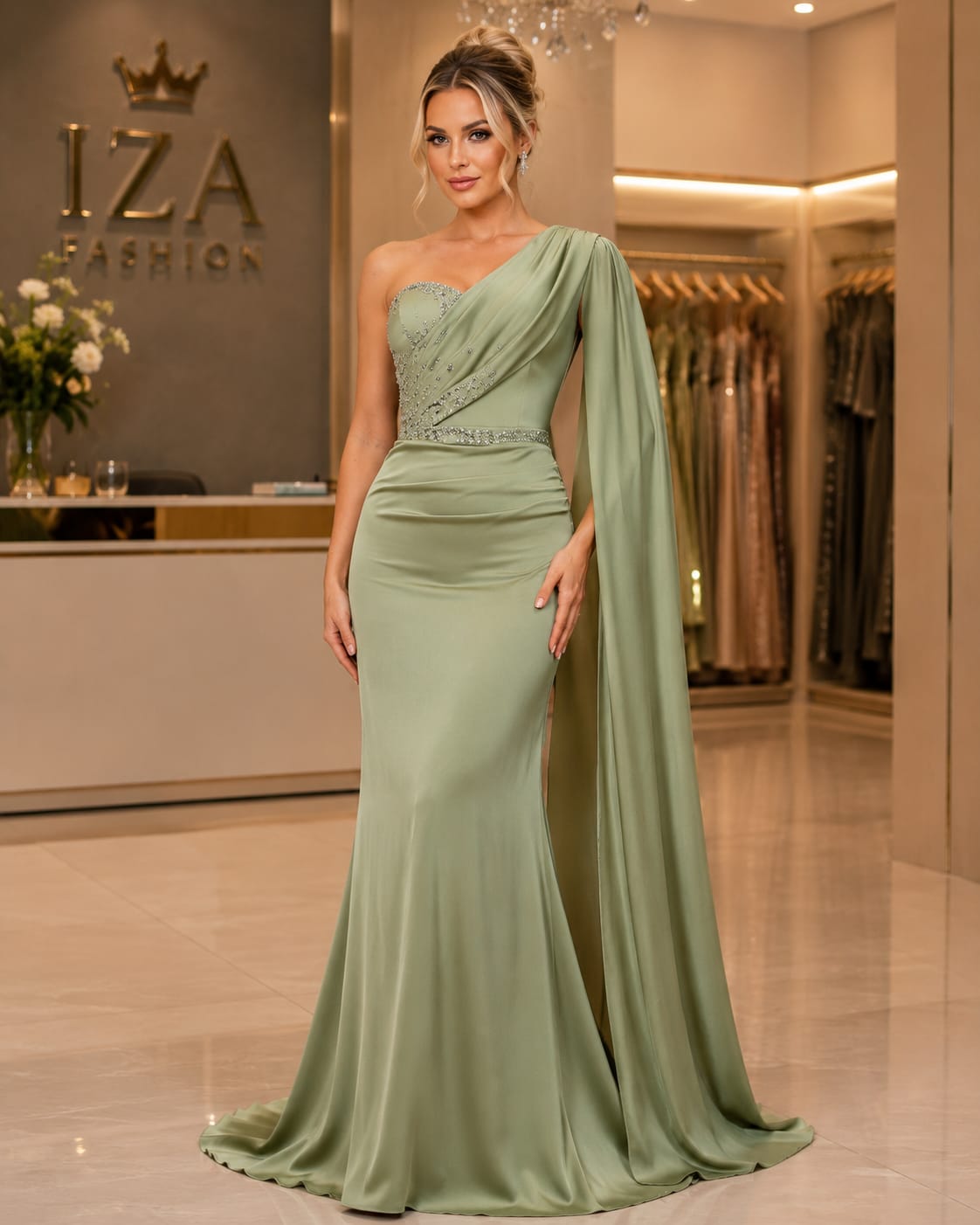 Vestido Longo Cetim Bordado de Um Ombro com Capa