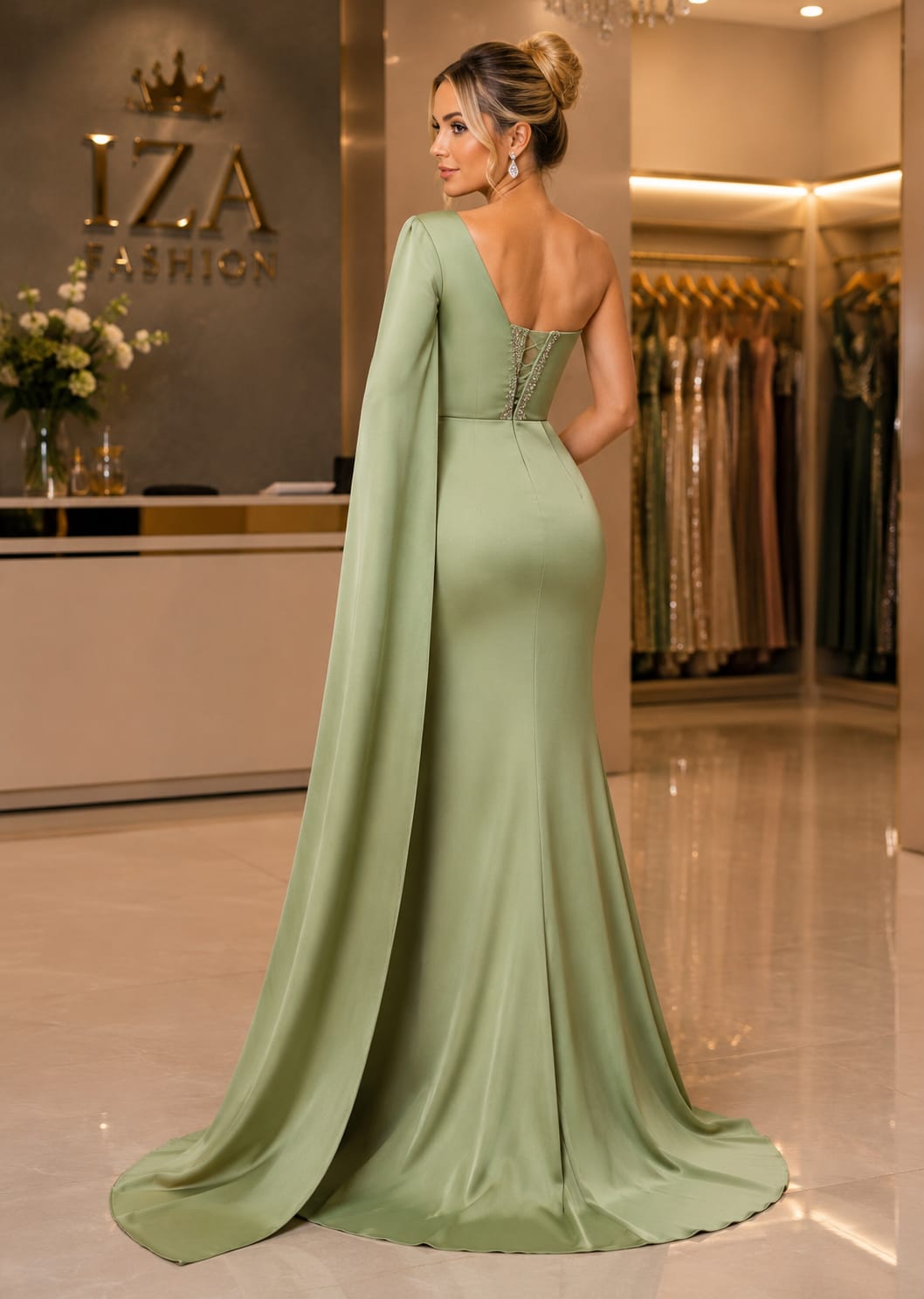 Vestido Longo Cetim Bordado de Um Ombro com Capa