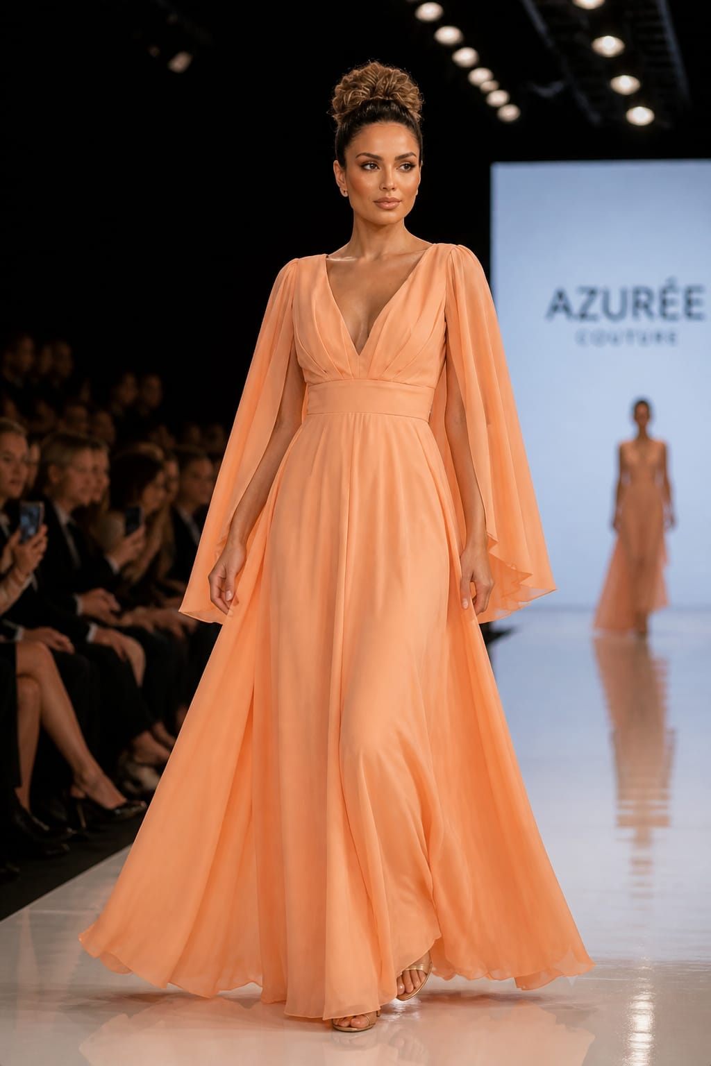 Vestido Longo com Capa Laranja Claro em Chiffon