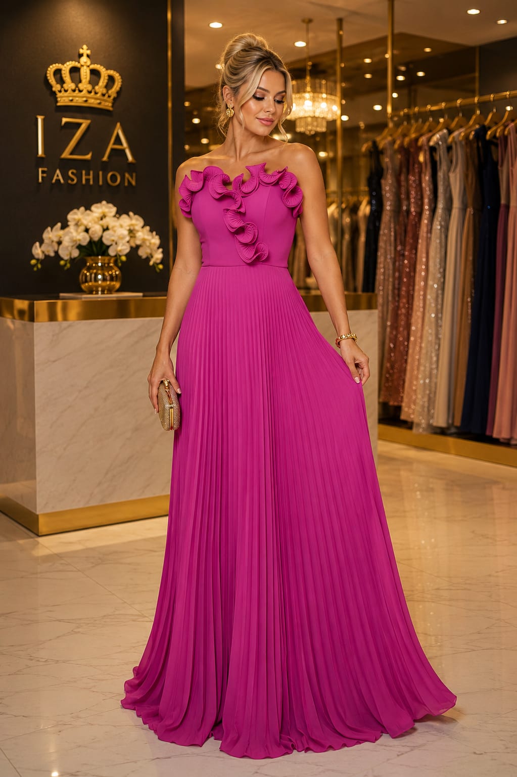 Vestido Longo Chiffon Plissado Tomara que Caia Fúcsia