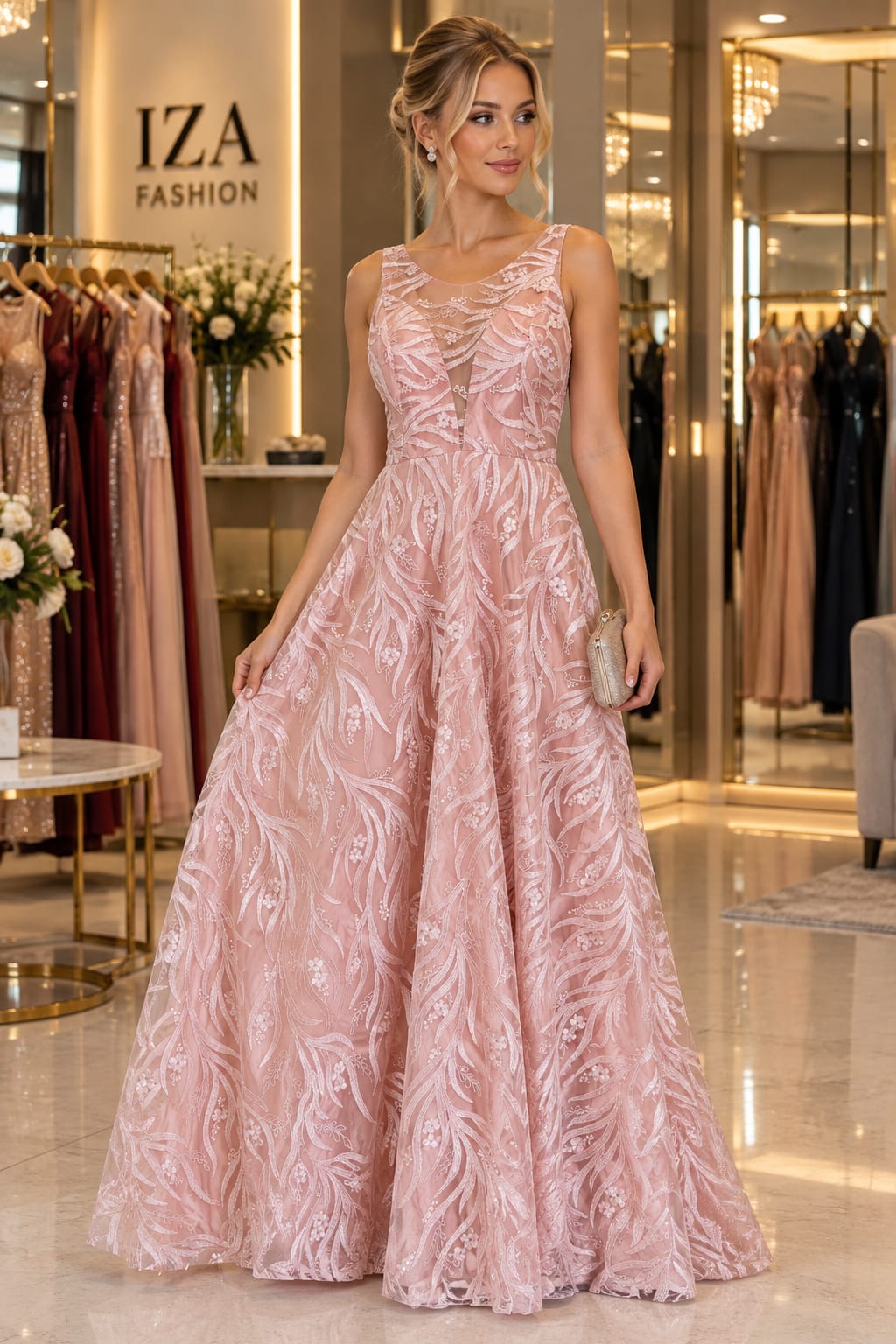 Vestido de Festa Rosa Rosé com Renda Floral – Elegância e Delicadeza