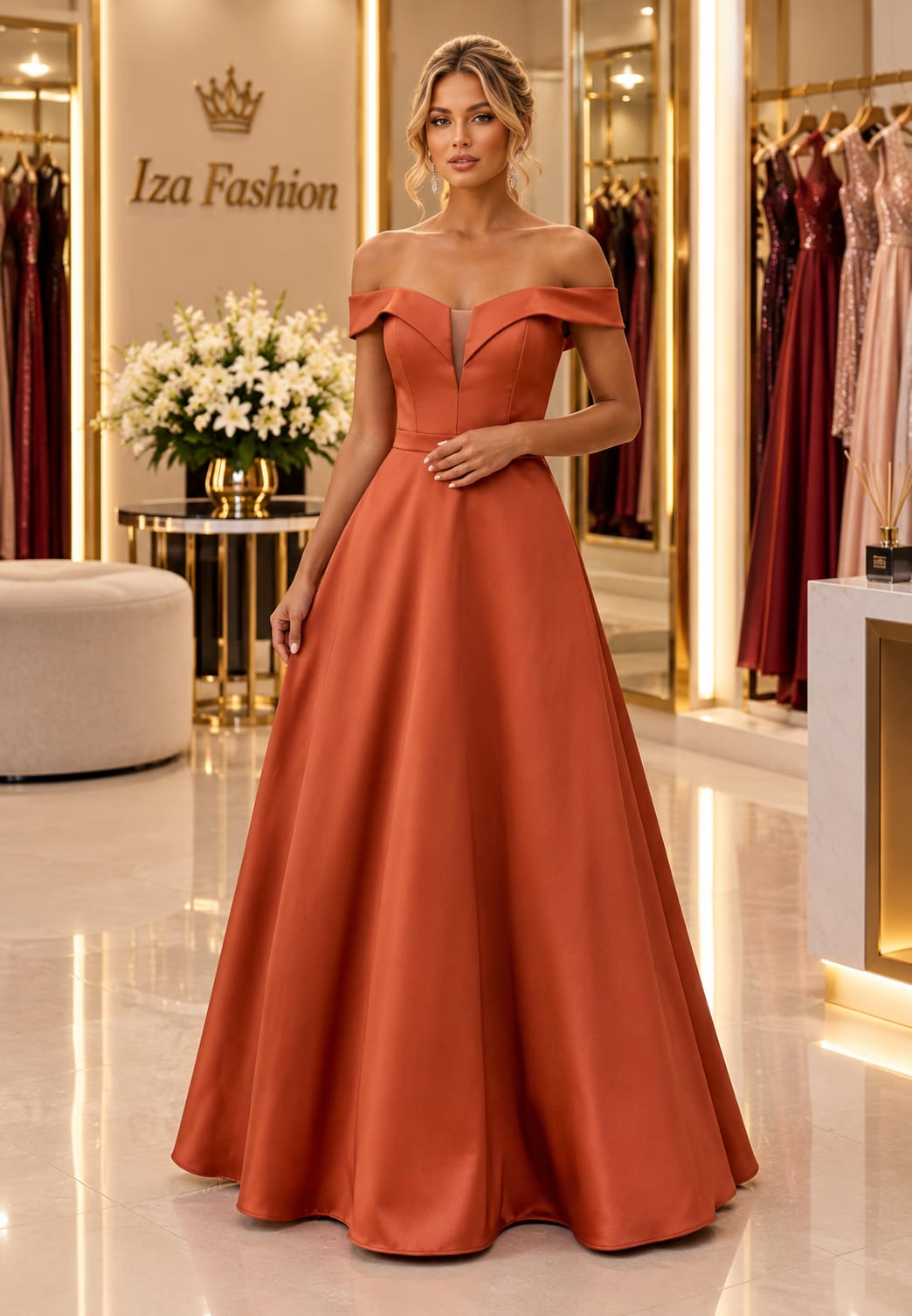 Vestido Longo em Zibeline Terracota Decote V