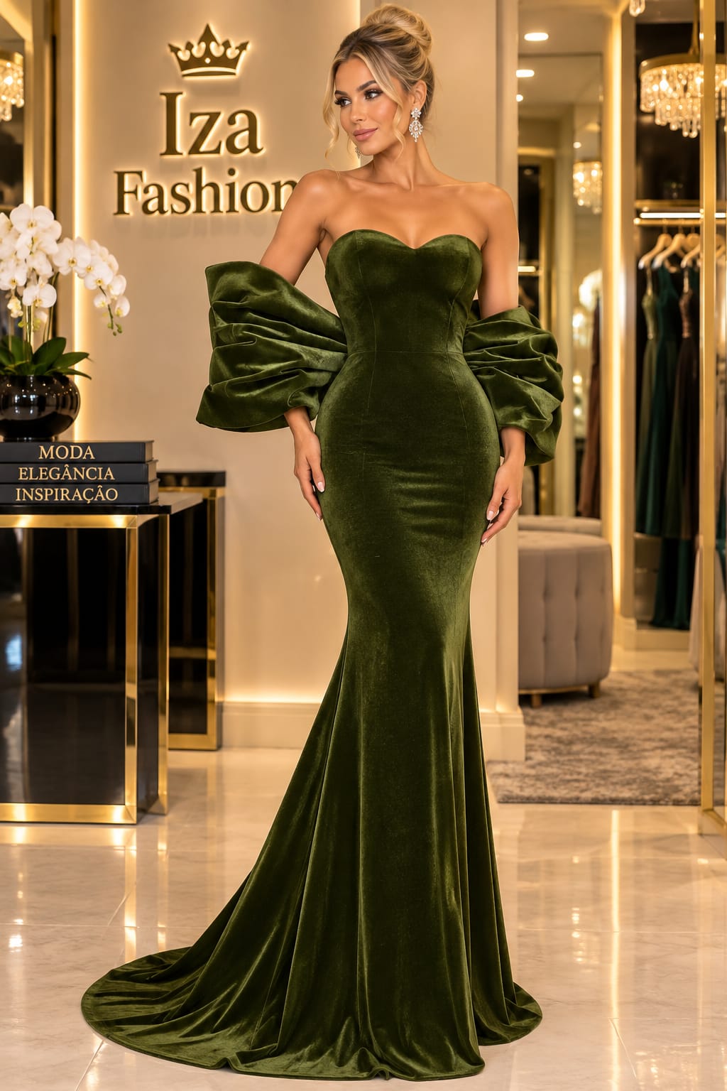 Vestido Longo Verde Oliva em Veludo com Decote Coração e Manga Balonê