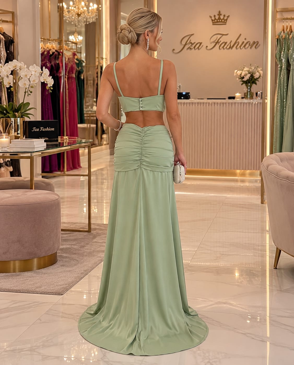 Vestido Longo com Decote V e Aplicação de Flor na Alça Verde Menta