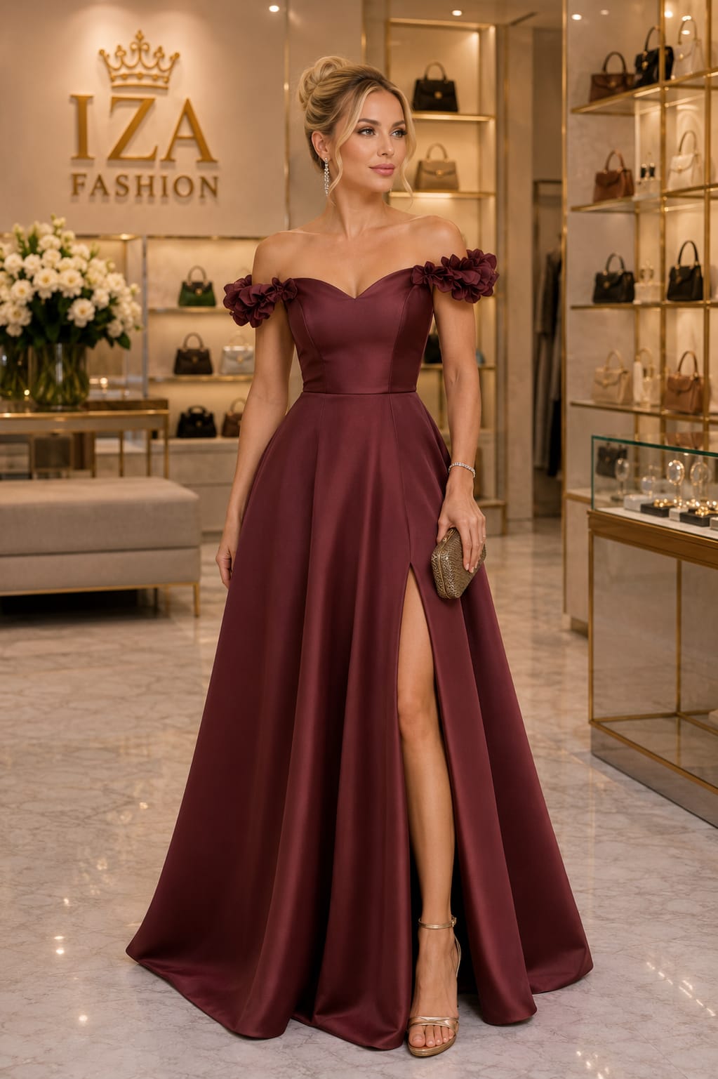 Vestido Ombro a Ombro Marsala com Fenda