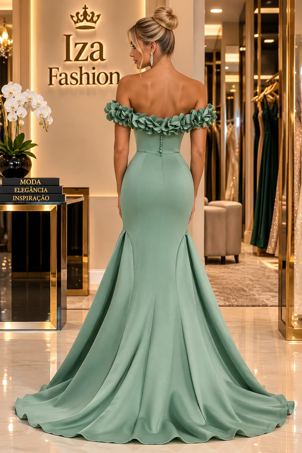 Vestido Longo Verde Menta em Zibeline com Ombro a Ombro e Flores 3D