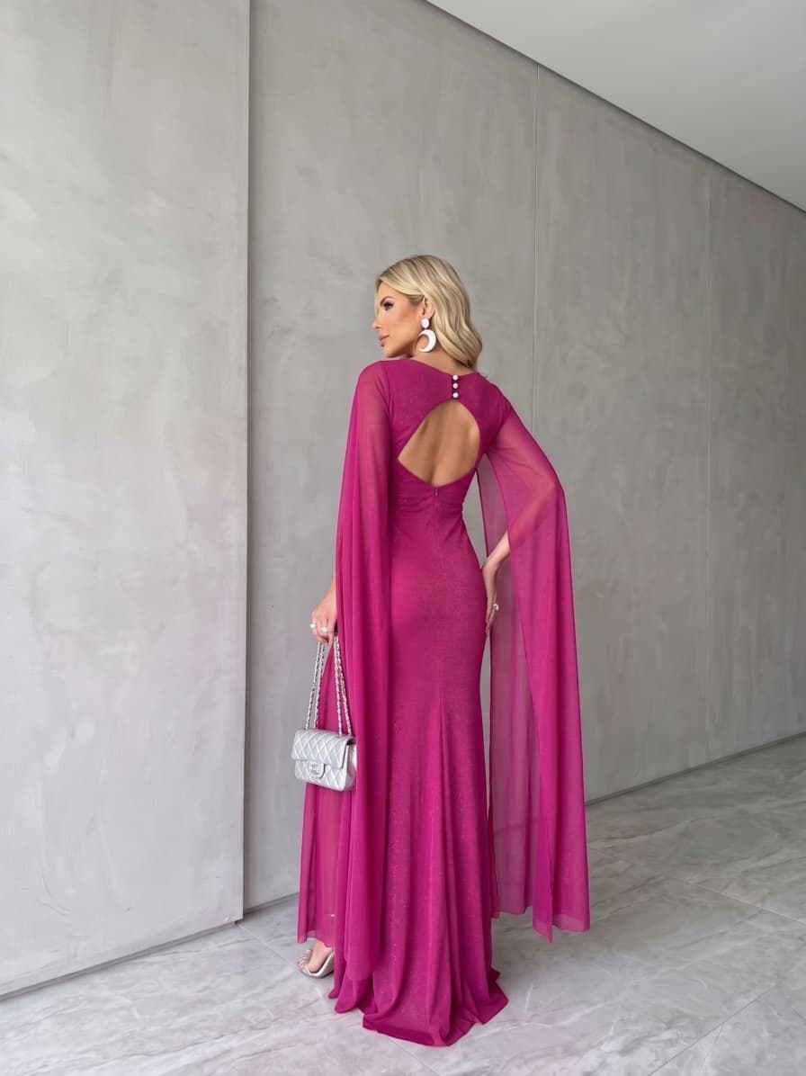 Vestido Longo Festa Fúcsia Tule Com Brilho Mangas Capa
