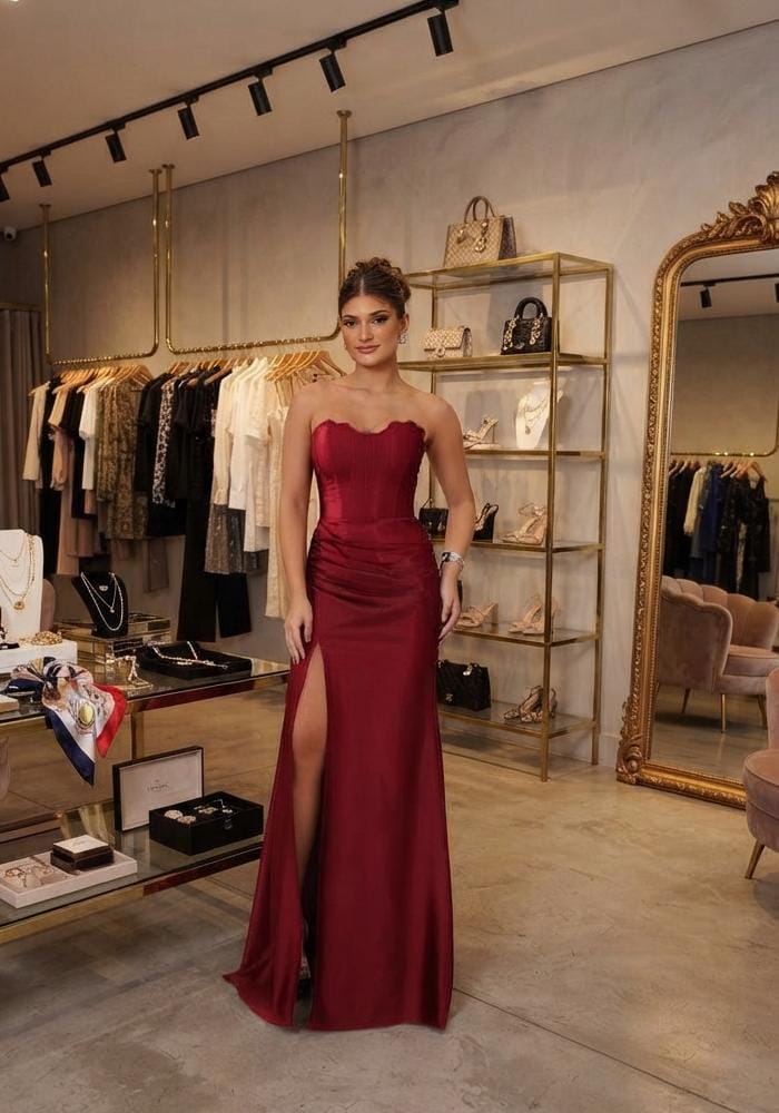 Vestido Longo em Prada Tomara que Caia Ondulado Vermelho
