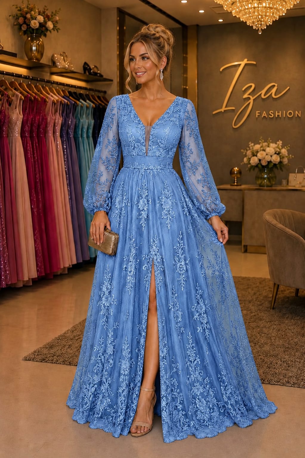 Vestido Longo em Tule e Renda Bordada com Manga Longa Serenity