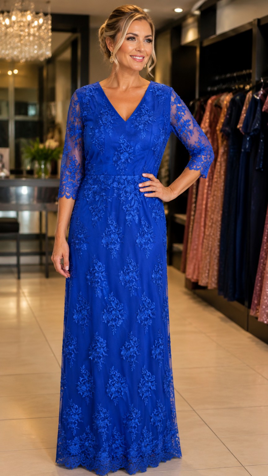 Vestido de Festa Azul Royal com Renda Floral