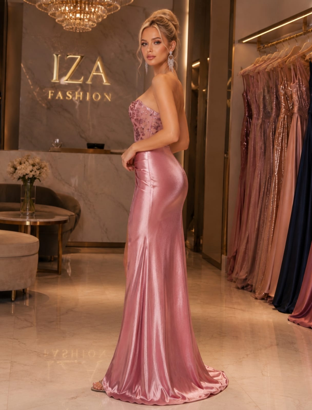 Vestido Longo Rosa Cetim Bordado e Fenda