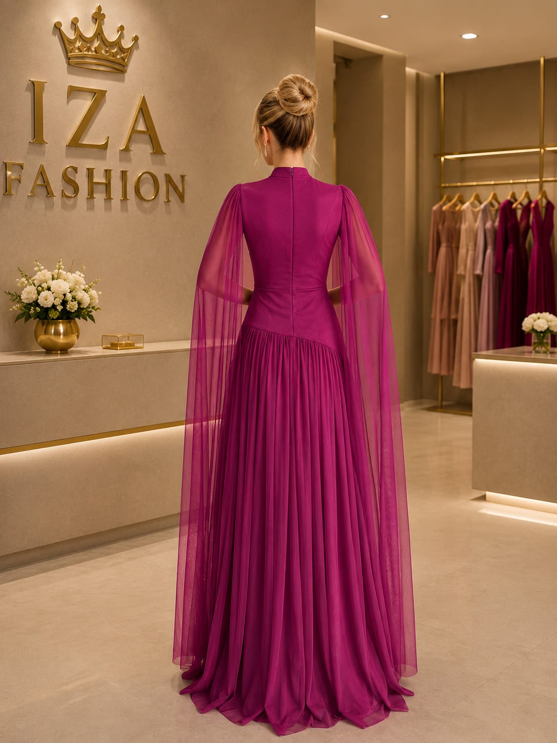 Vestido Longo Fúcsia com Mangas Fluidas