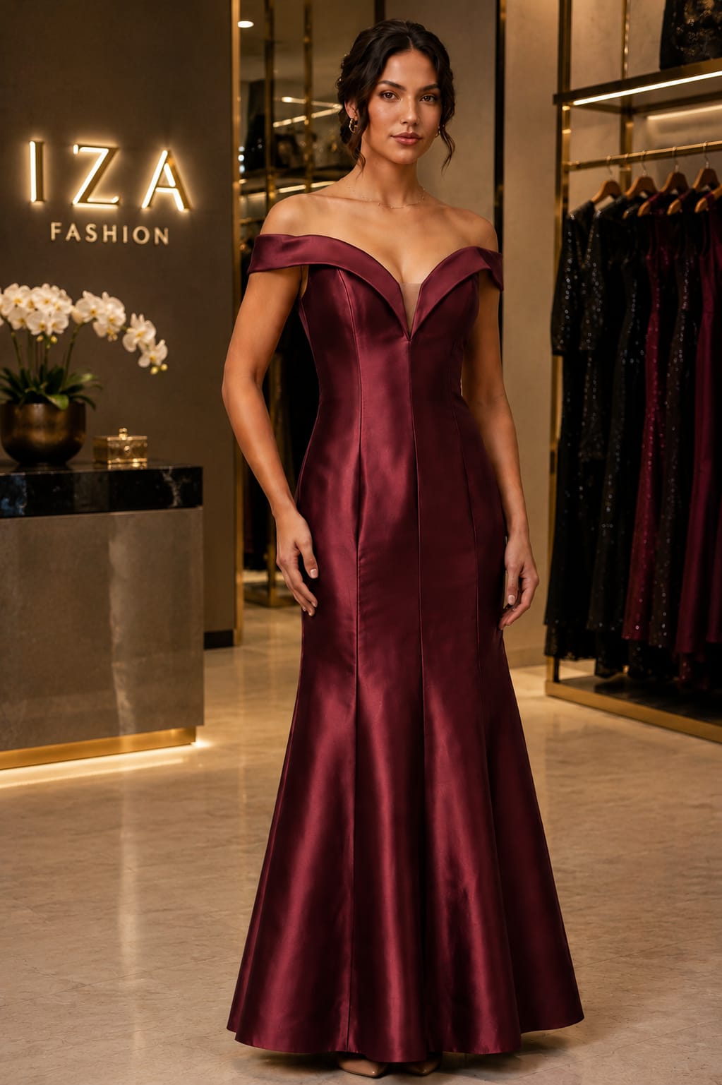 Vestido Longo Zibeline Marsala Ombro A Ombro Decote V Sereia