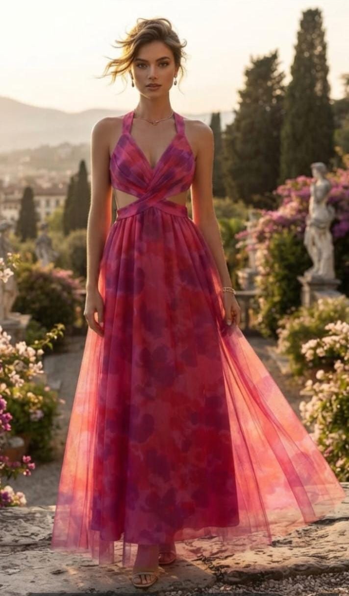Vestido Longo Rosa Fucsia com Estampa Abstrata em Chiffon– Elegância e Modernidade
