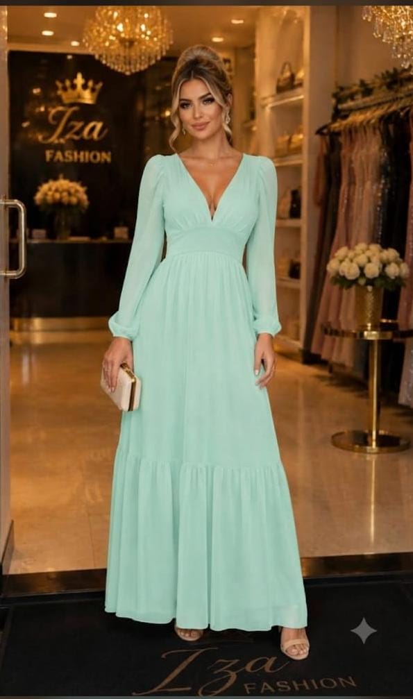 Vestido Longo de Tule Decote V Manga Longa Verde Menta