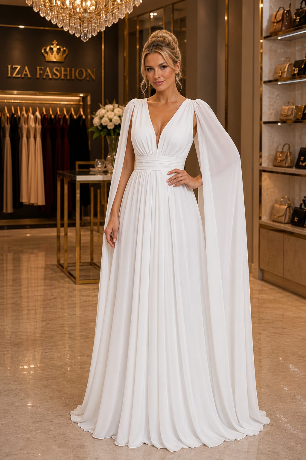 Vestido Longo em Tule Branco com Capa