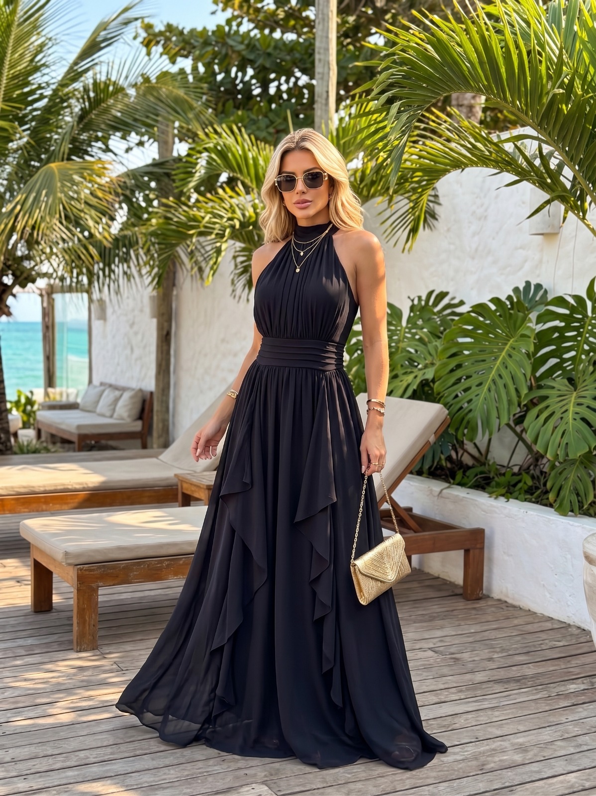 Vestido Longo Seda Chiffon Preto Frente Única com Babados