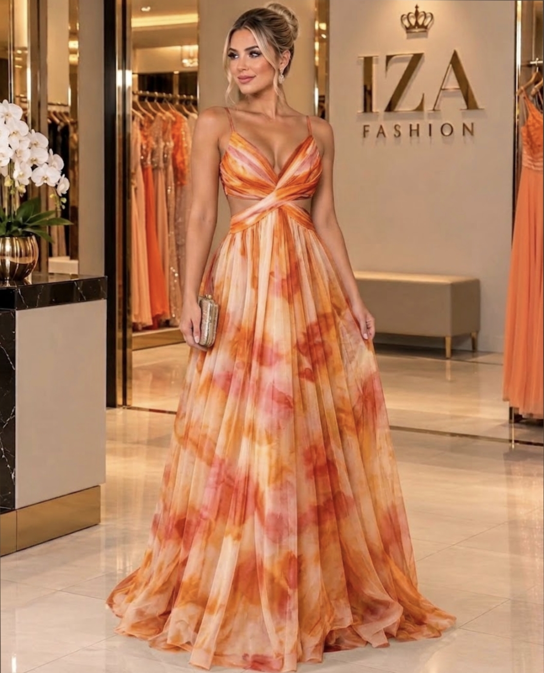 Vestido Longo com Estampa Fundo Laranja Alças Finas e Decote V Toque de Seda