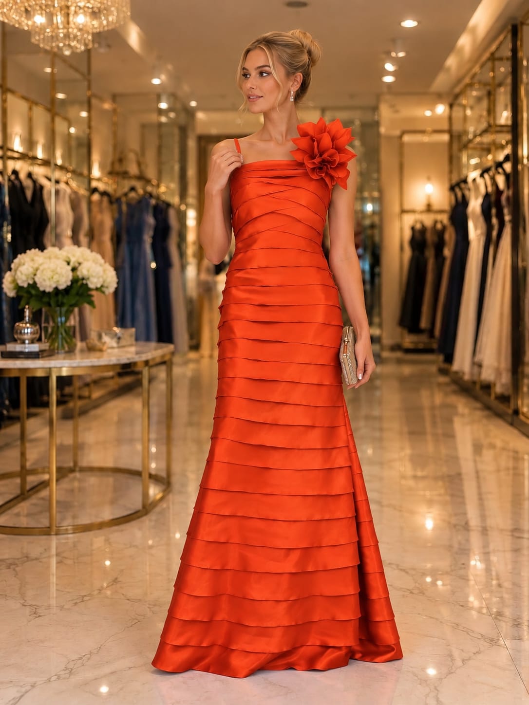 Vestido Zibeline Em Camadas Laranja Aplique em Flor