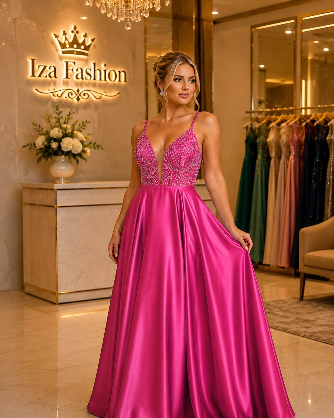 Vestido Longo Cetim Rosa com Busto Bordado e Decote V