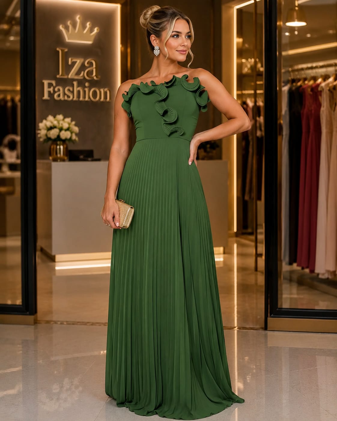 Vestido Longo Chiffon Plissado Tomara que Caia Oliva