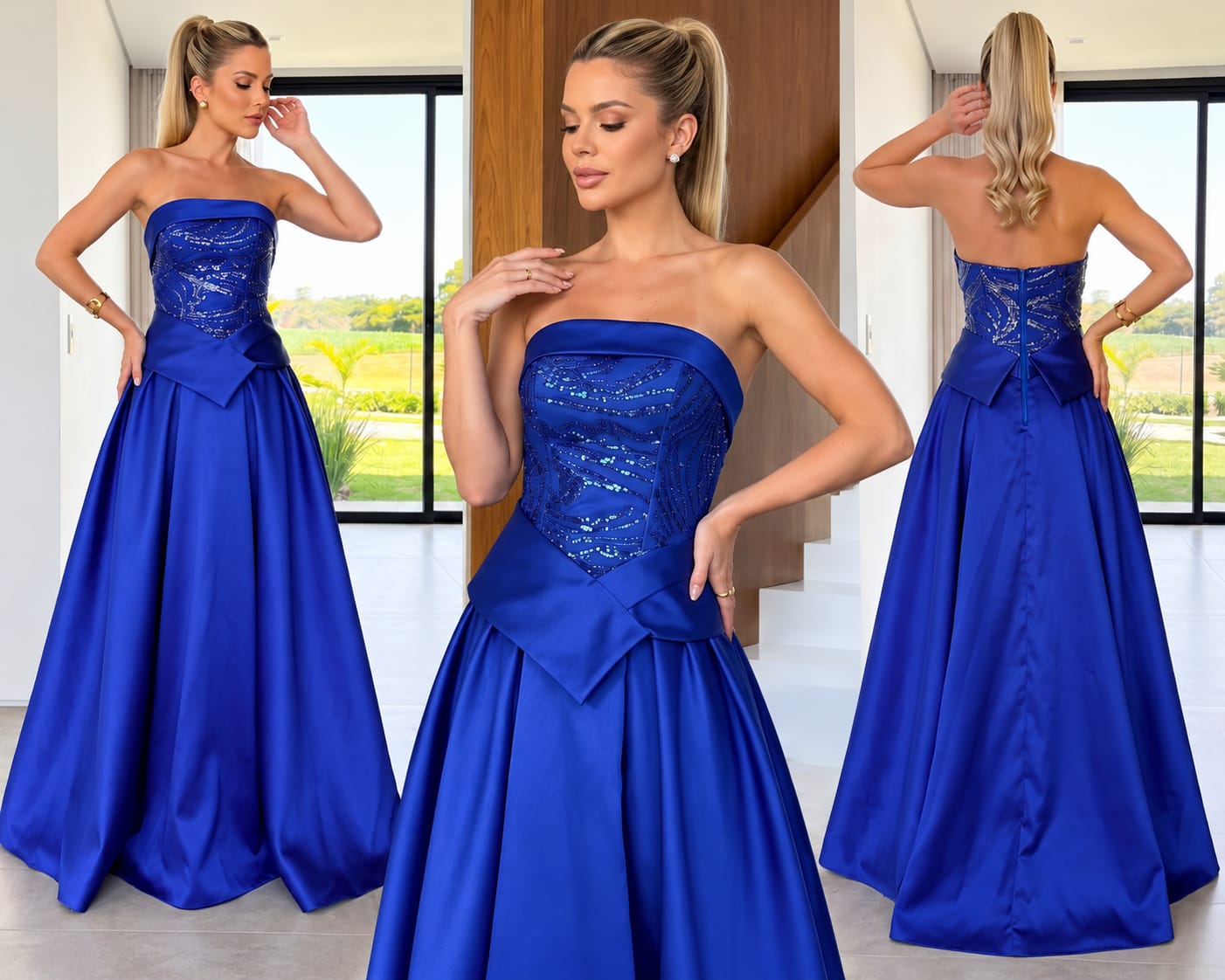 Vestido de Festa Azul Royal com Corpete Bordado e Saia Evasê em Zibeline