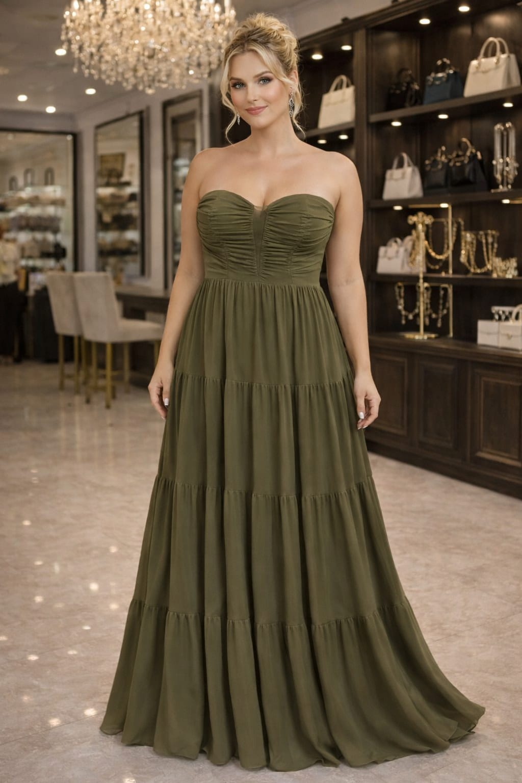Vestido Longo Verde Oliva Tomara-que-caia com Busto Drapeado e Saia Babados