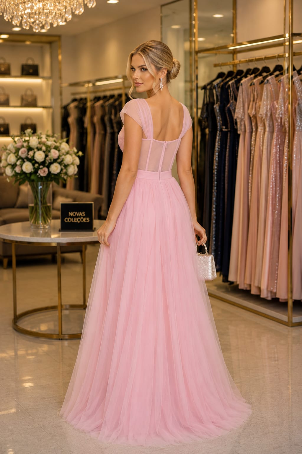 Vestido Longo em Tule com Corpo Estruturado e Decote Coração